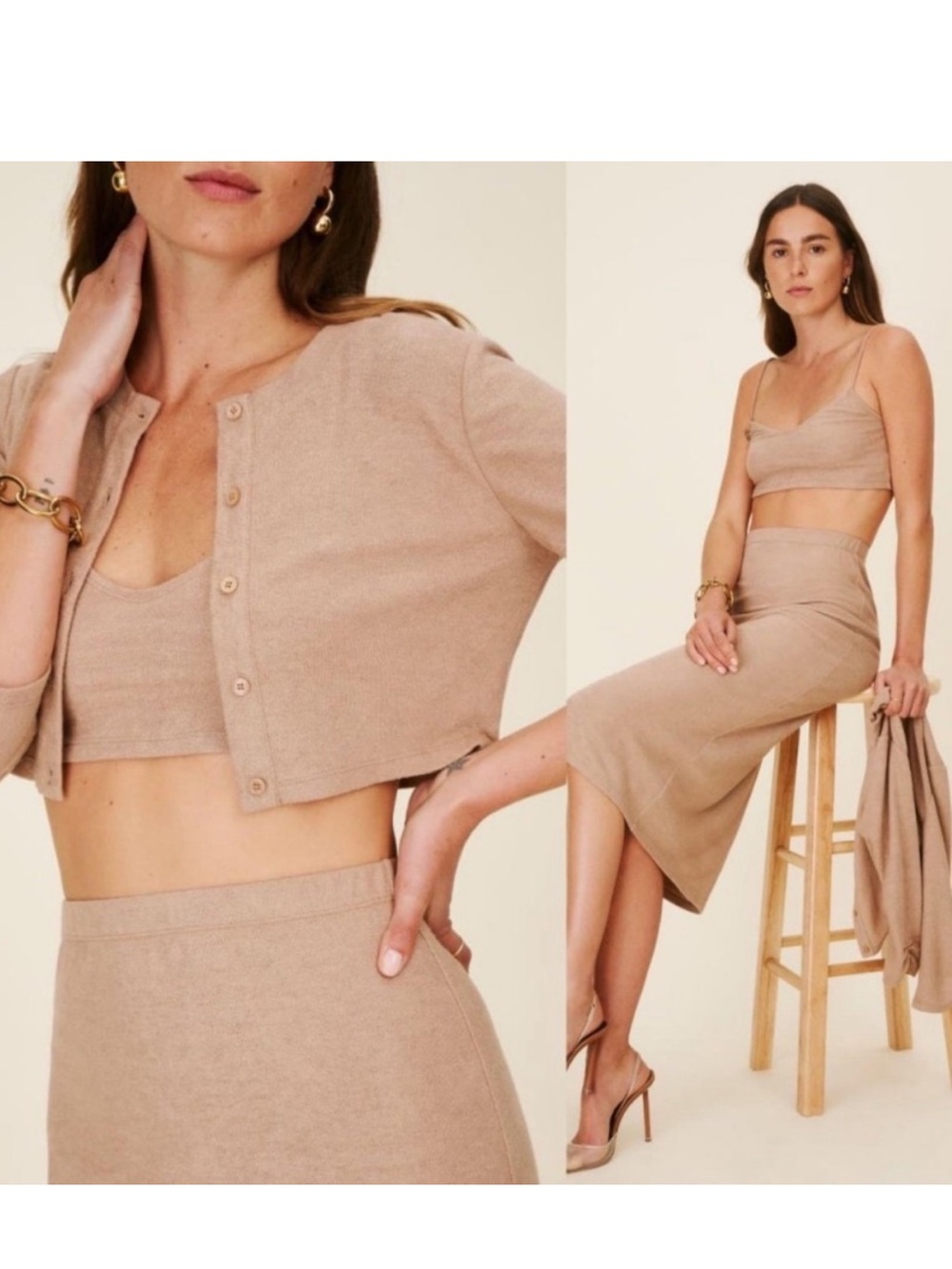 REFORMATION Janice Set - Knitted Cardigan, Camisole and Midi Skirt in Buff